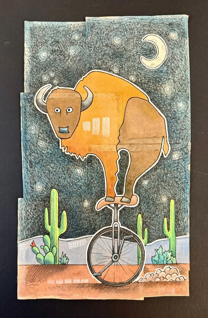 Desert Ride, mixed media on tea bags by Wyoming fine artist Steve Knox