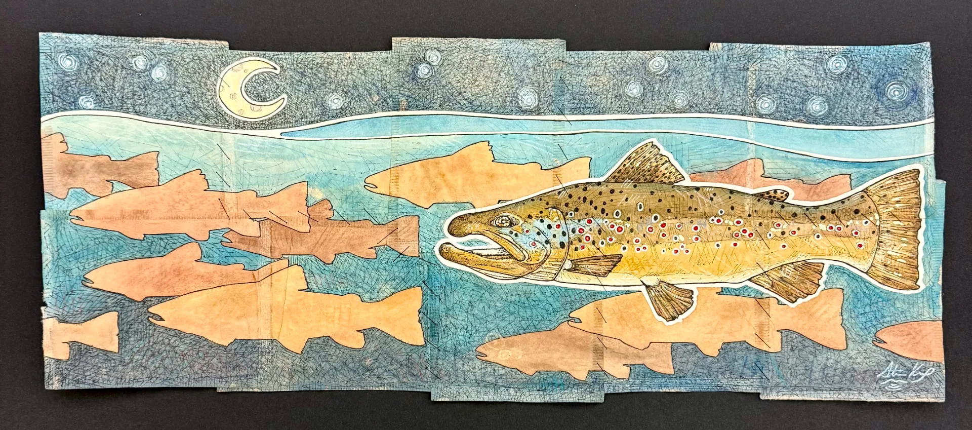 Night School, mixed media on tea bags by Wyoming fine artist Steve Knox