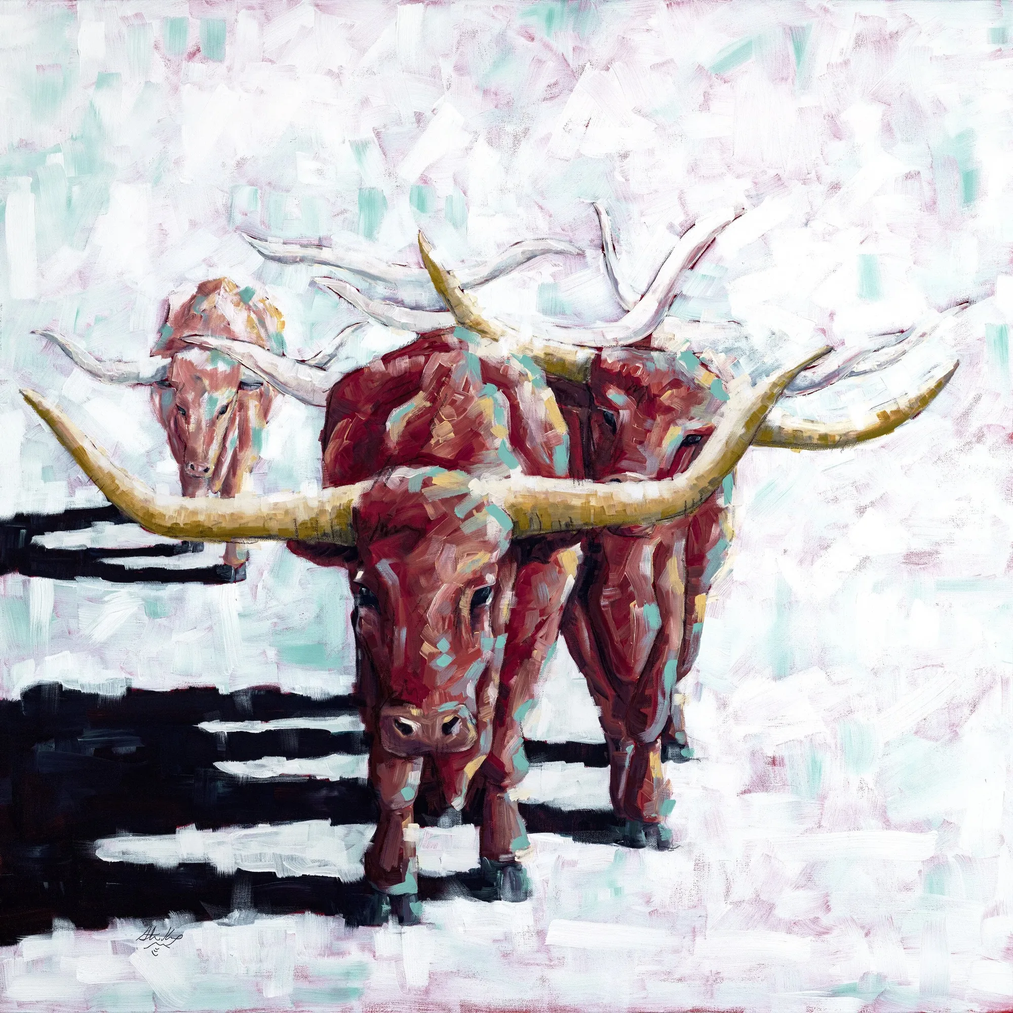 Marching Longhorns, original painting by Wyoming fine artist Steve Knox