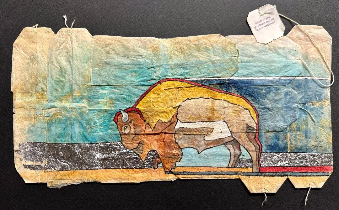 Western Icon, mixed media on tea bags by Wyoming fine artist Steve Knox