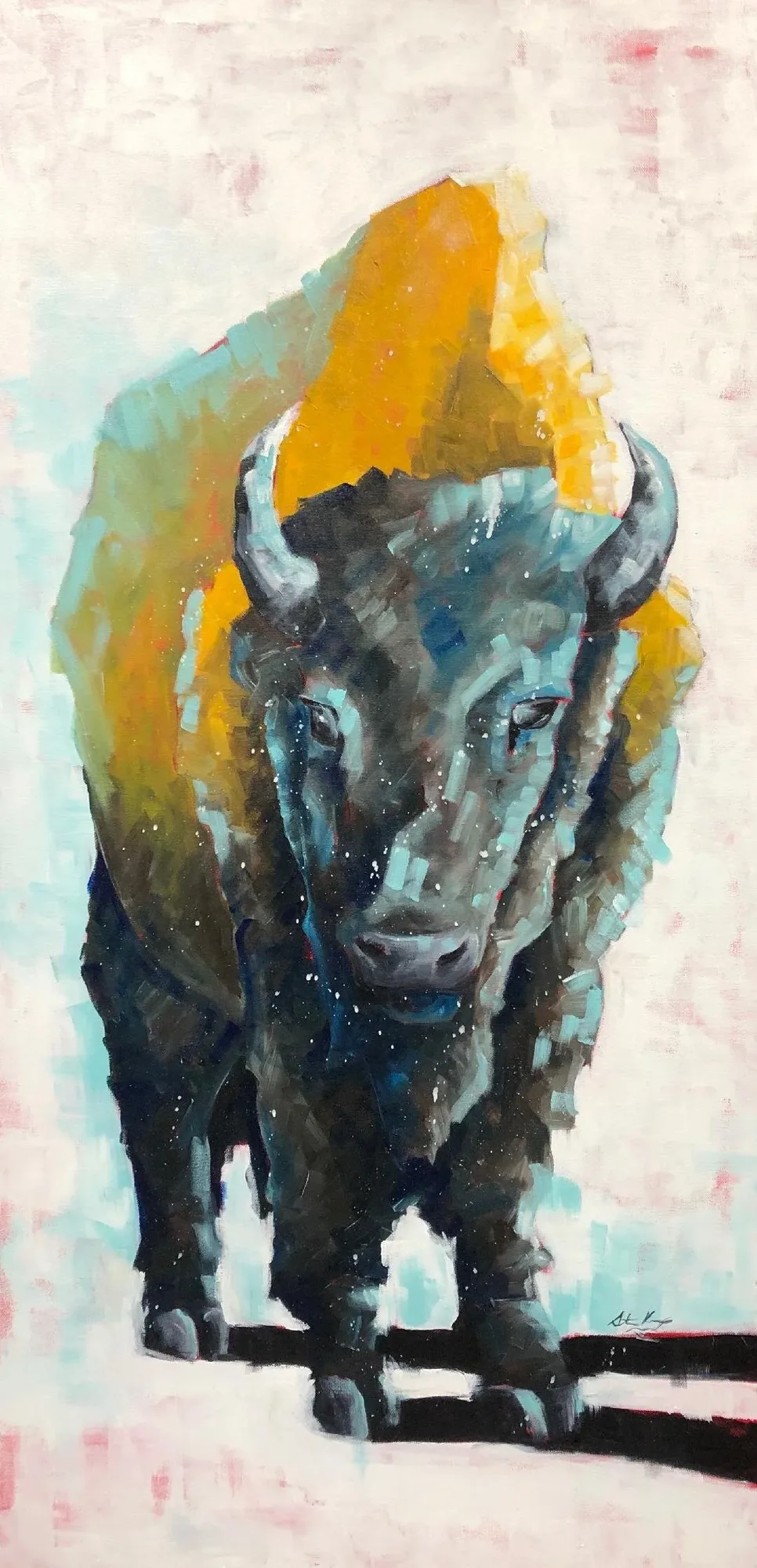 Bison Facing the Storm, original painting by Wyoming fine artist Steve Knox