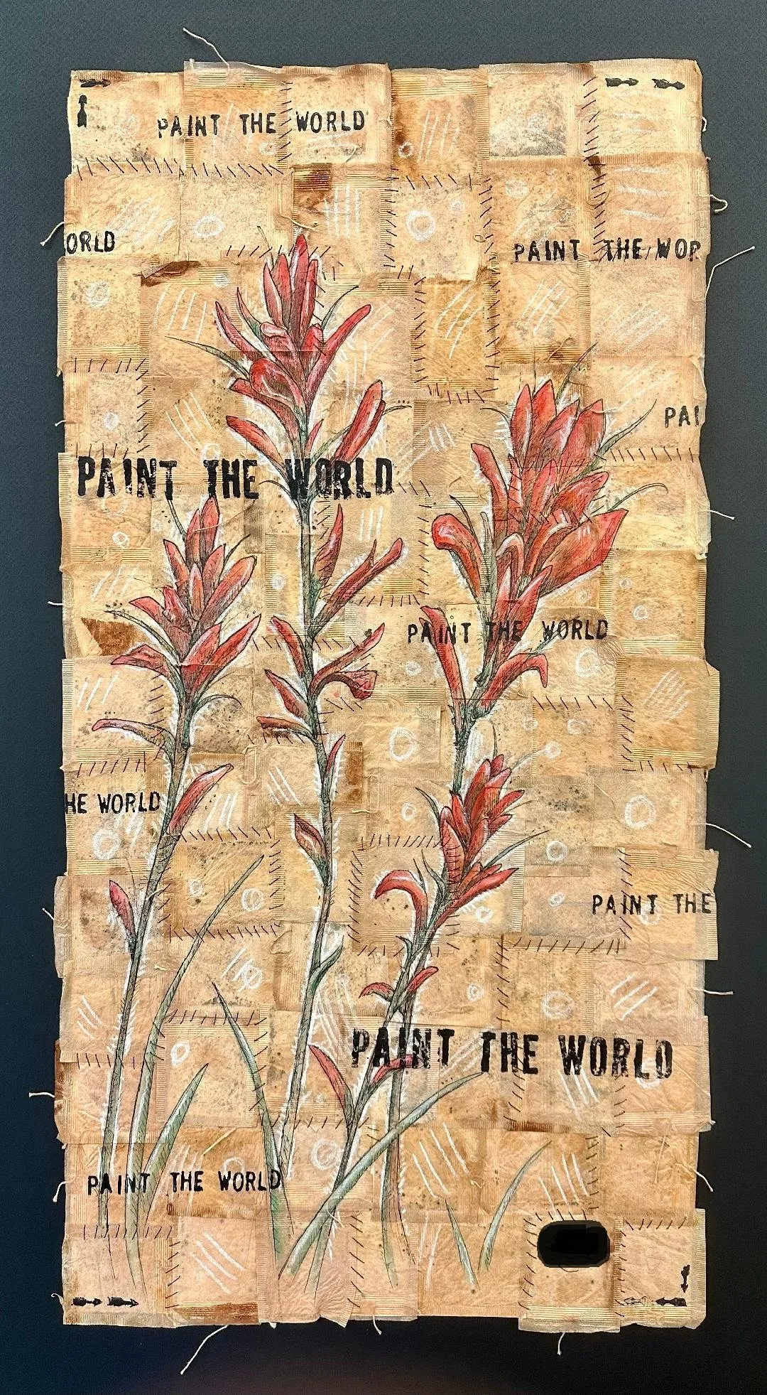 Paint the World, mixed media on tea bags by Wyoming fine artist Steve Knox