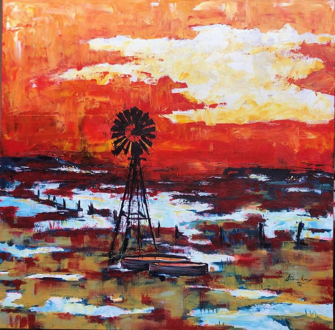 Warmth Of Winter (Windmill), original painting by Wyoming fine artist Steve Knox