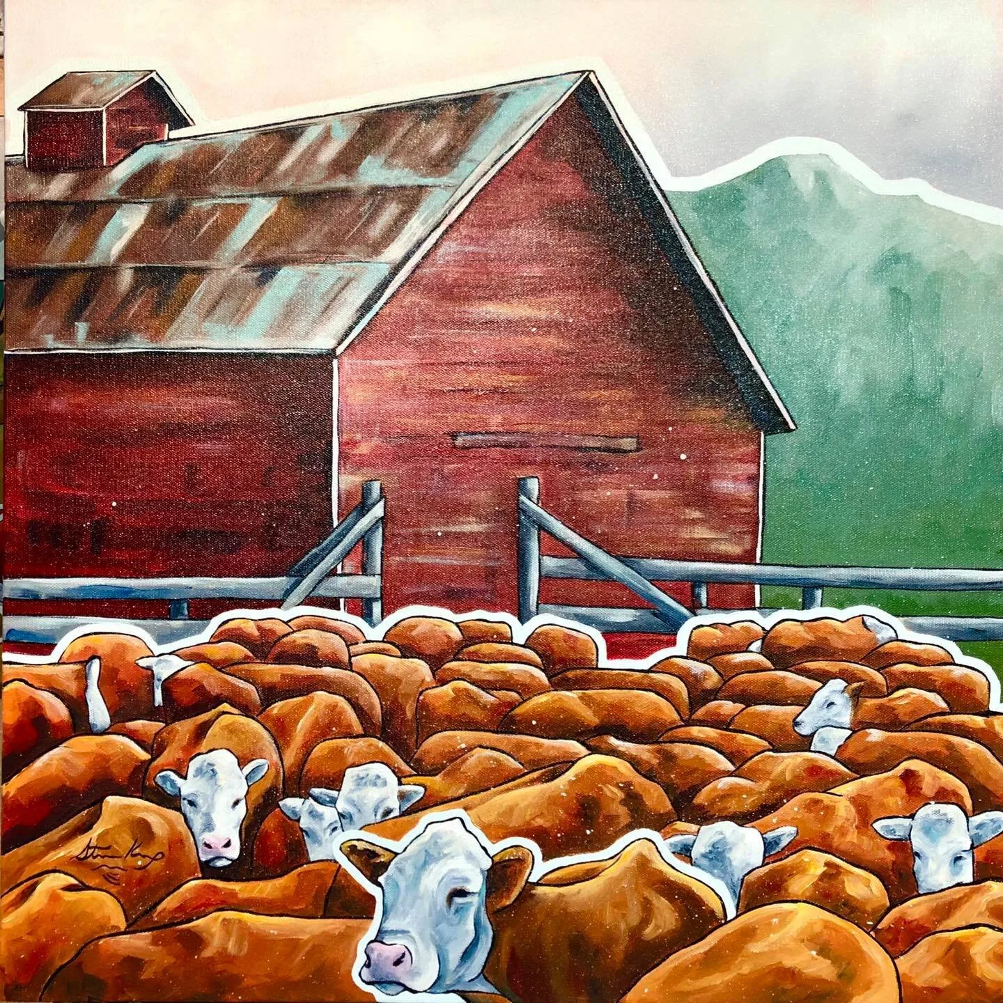 Meeting At the Barn, original painting by Wyoming fine artist Steve Knox