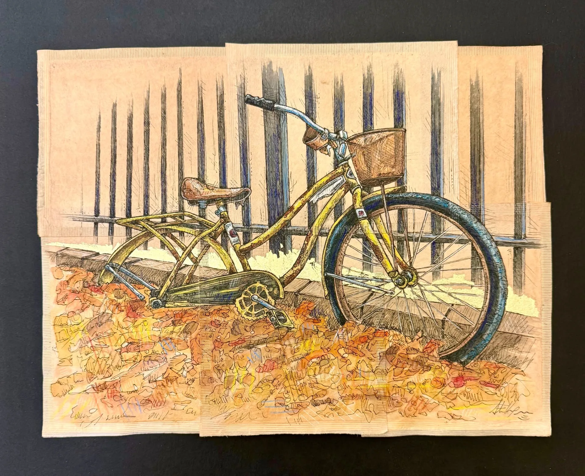 Missing My Ride, mixed media on tea bags by Wyoming fine artist Steve Knox