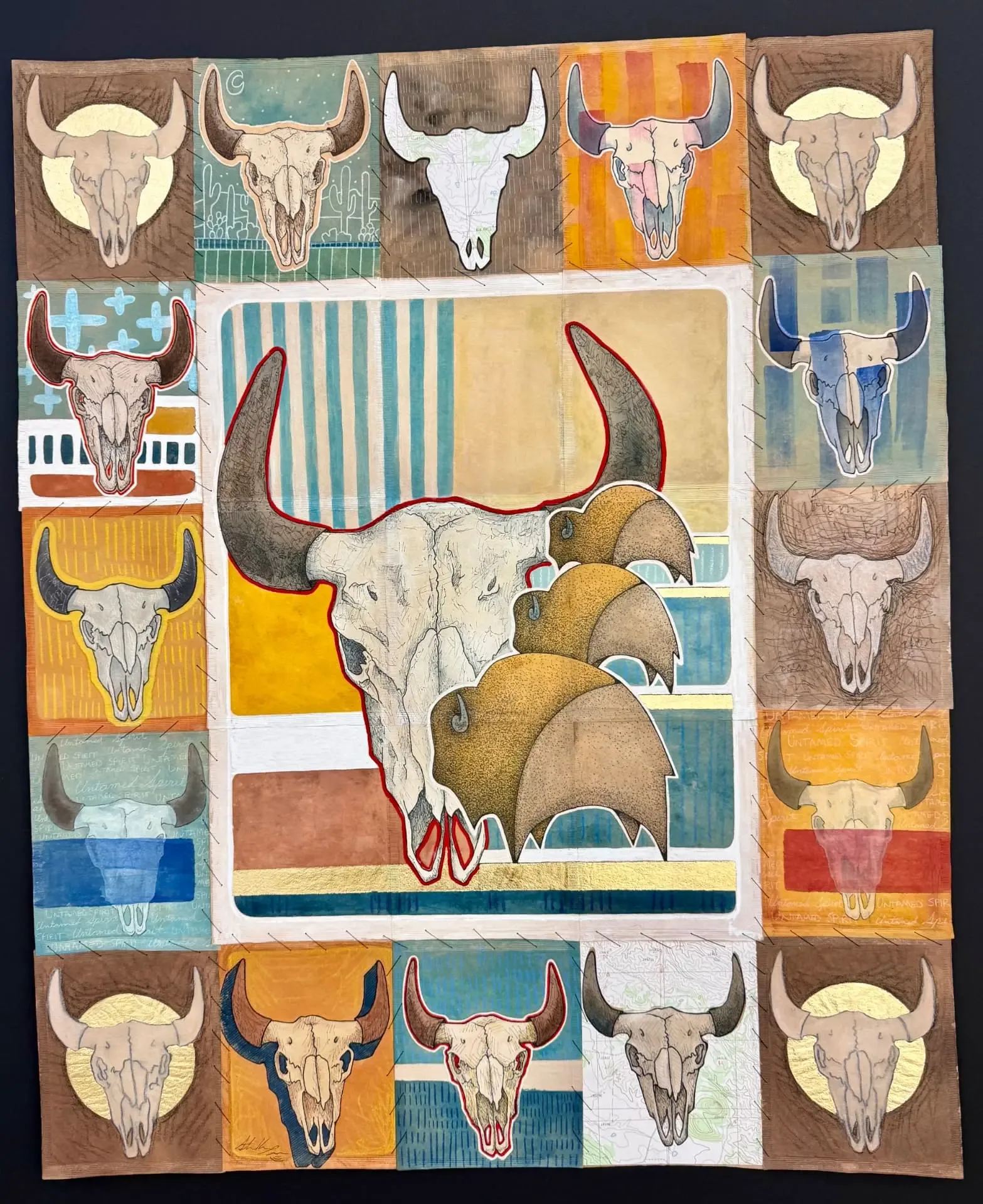 Untamed Spirit, bison skull mixed-media grid by Wyoming fine artist Steve Knox