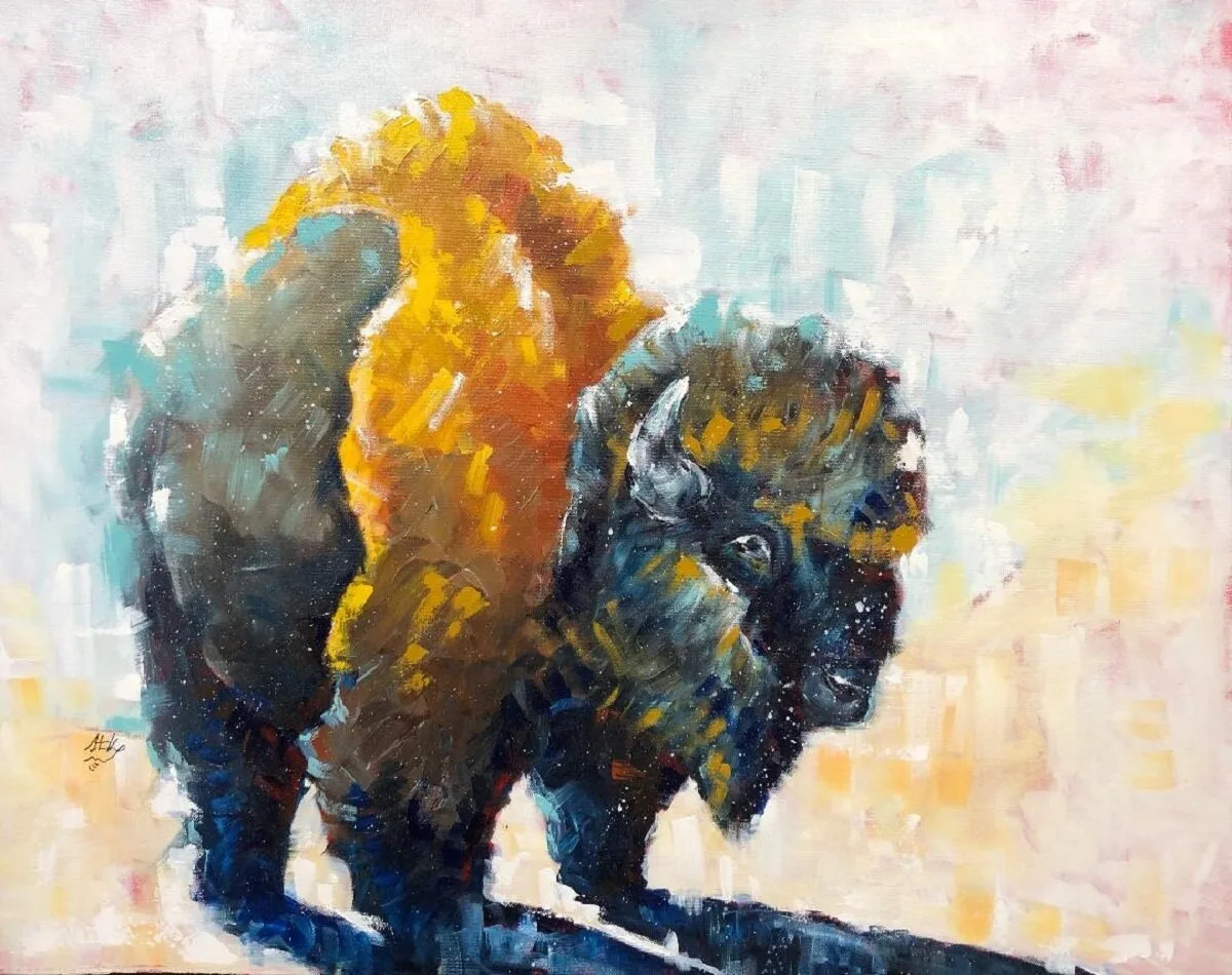 Lone Bison In the Snow, original painting by Wyoming fine artist Steve Knox